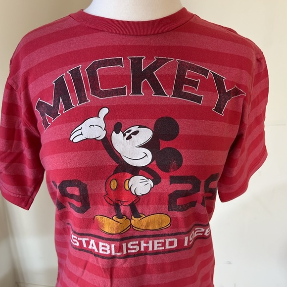 DISNEY Mickey Mouse Graphic Kids Red Striped Crew Neck Short Sleeve L 10/12 - Picture 2 of 9